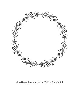 Hand drawn wreath circular vector art black and white. Circle leaf wreath vector