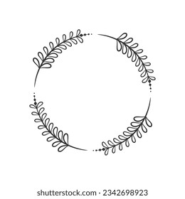 Hand drawn wreath circular vector art black and white. Circle leaf wreath vector