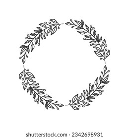 Hand drawn wreath circular vector art black and white. Circle leaf wreath vector