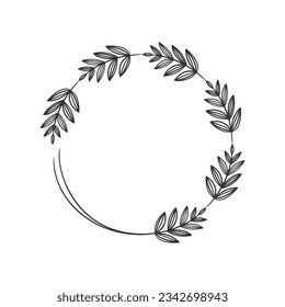 Hand drawn wreath circular vector art black and white. Circle leaf wreath vector