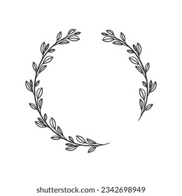 Hand drawn wreath circular vector art black and white. Circle leaf wreath vector