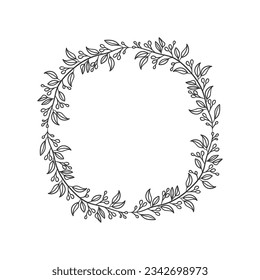 Hand drawn wreath circular vector art black and white. Circle leaf wreath vector