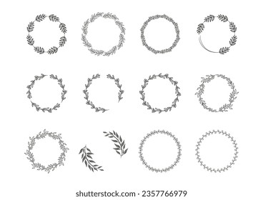 Hand drawn wreath circular vector art collection black and white. Circle leaf wreath vector set