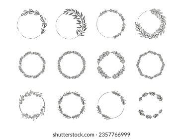 Hand drawn wreath circular vector art collection black and white. Circle leaf wreath vector set