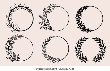 Hand drawn wreath collection. Bundle of doodled, vector circles with botanical leaves as cute round frames.