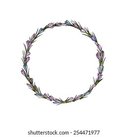 Hand drawn wreath of crocus leaves and flowers made in vector.