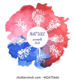 Hand drawn wreath with deciduous trees. Decorative vector design,  red and blue watercolor background. Ecological motif.