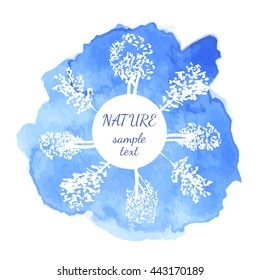 Hand drawn wreath with deciduous trees. Decorative vector design, blue watercolor background. Eco motif.