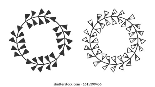 Hand drawn wreath for design use. Black Vector doodle flowers on white background. Abstract pencil boho drawing branch circle. Artistic illustration elements plant and bloom