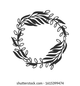 Hand drawn wreath for design use. Black Vector doodle flowers on white background. Abstract pencil boho drawing branch circle. Artistic illustration elements plant and bloom
