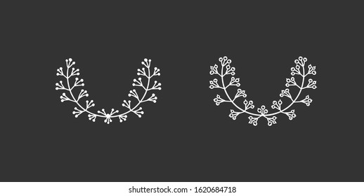 Hand drawn wreath for design use. White Vector doodle flowers . Abstract pencil boho drawing branch circle. Artistic illustration elements plant and bloom on black chalk board