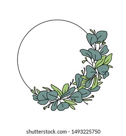 Hand drawn wreath with eucalyptus leaves on white background with place for your text