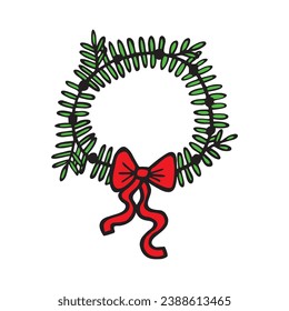Hand drawn wreath with fir branches. Round frame for Christmas cards and winter design. Vector layout with copy space, Red ribbon