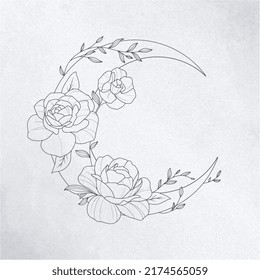 Hand Drawn Wreath Floral Crescent Moon Illustration