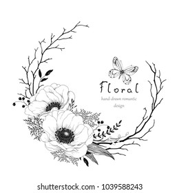 Hand drawn wreath with flowers Anemone, dry branches, leaves and flying butterfly. Vector romantic illustration for your text.