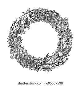 Hand drawn wreath of flowers. Background with wild flowers. Retro isolated image. Vintage style. Doodle line graphic design. Black and white sketch. Vector illustration.