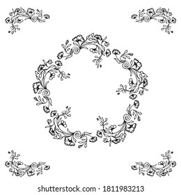 Hand drawn wreath with flowers and leafs. Decorative corners. Vector.