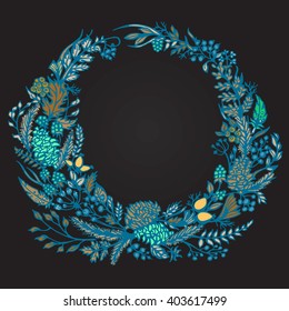 Hand drawn  Wreath of forest plants, cones, moss, lichen, feathers, wild berries, ferns, grass, twigs, pine needles