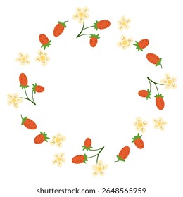 Hand drawn wreath frame made of strawberries and delicate flowers on white background. Concept of natural beauty, freshness, and organic decoration for summer or spring designs.