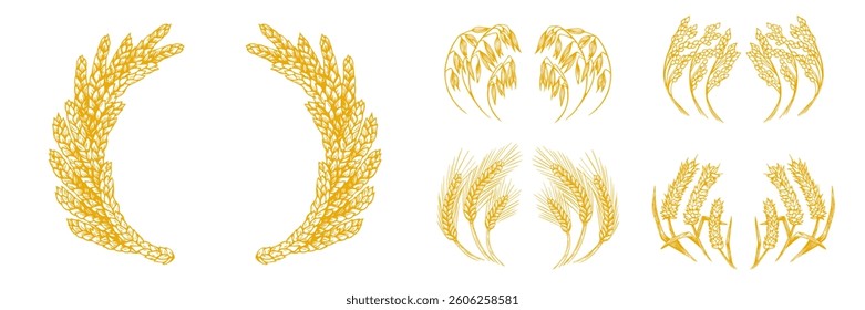 Hand drawn wreath frame with wheat or rye ears. Sketch drawing vector illustration set. Cereal harvest, agriculture, organic farming, healthy food symbol collection