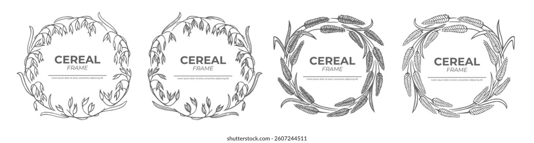 Hand drawn wreath frame with wheat or rye ears. Sketch drawing vector illustration set. Cereal harvest, agriculture, organic farming, healthy food symbol collection