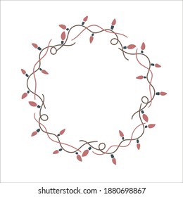 Hand drawn wreath with garland and lanterns. Round frame for Christmas cards and winter design. Vector illustration