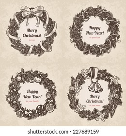 Hand Drawn Wreath Holiday Set. Happy New Year And Merry Christmas Handdrawn Engraving Style Postcard, Poster, Banner Template. Pen And Pencil Paper Drawing Retro Vintage Vector Lineart Illustration.