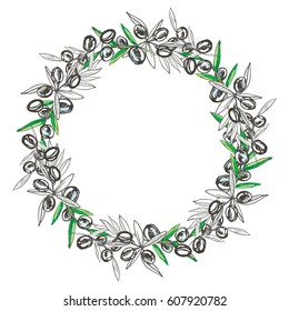 hand drawn wreath of ink olive branch, leaves. vector eps 8