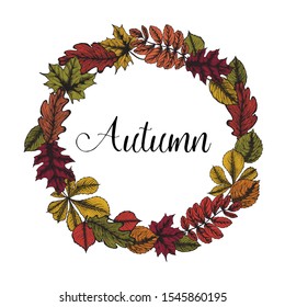 Hand drawn wreath of leaves in hand drawn style. Autumn design.  For design textiles, fabric, packaging, paper, surface decoration, background.