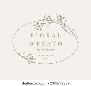 Hand drawn wreath in line art. Elegant oval floral frame. Logo template.Vector illustration botanical decoration elements for label, branding business identity, wedding invitation, greeting card