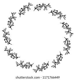 Hand drawn wreath made in vector. Leaves and flowers garlands. Romantic floral design element.