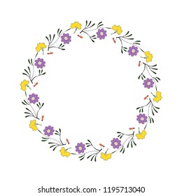 Hand drawn wreath made in vector. Leaves and flowers garlands. Romantic floral design element. Doodle style.