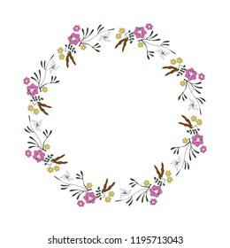 Hand drawn wreath made in vector. Leaves and flowers garlands. Romantic floral design element. Doodle style.
