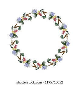 Hand drawn wreath made in vector. Leaves and flowers garlands. Romantic floral design element. Doodle style.
