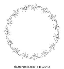 Hand drawn wreath made in vector. Leaves and flowers garlands. Romantic floral design element.