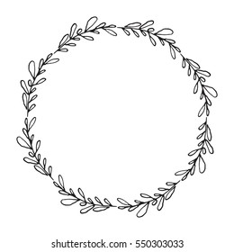 Hand drawn wreath made in vector. Leaves and flowers garlands. Romantic floral design element.