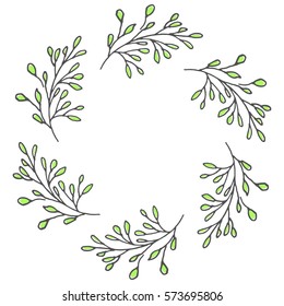 Hand drawn wreath made in vector. Leaves and flowers garlands. Romantic floral design element.