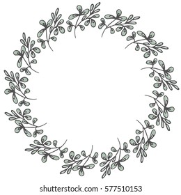 Hand drawn wreath made in vector. Leaves and flowers garlands. Romantic floral design element.
