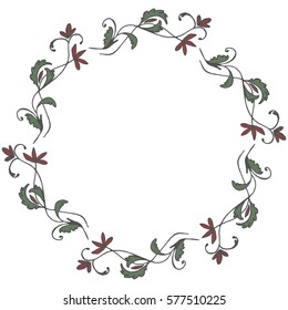 Hand drawn wreath made in vector. Leaves and flowers garlands. Romantic floral design element.