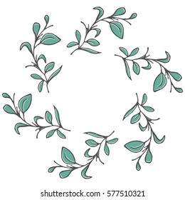 Hand drawn wreath made in vector. Leaves and flowers garlands. Romantic floral design element.