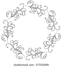Hand drawn wreath made in vector. Leaves and flowers garlands. Romantic floral design element.