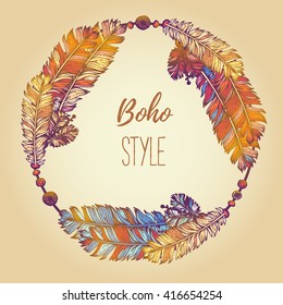 Hand drawn wreath with painted feathers, arrows and beads. Wreath border. Ethnic frame. Boho Colorful vector Illustration. Summer t-shirt design