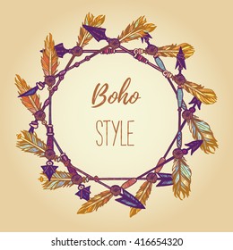 Hand drawn wreath with painted feathers, arrows and beads. Wreath border. Ethnic frame. Boho Colorful vector Illustration. Summer t-shirt design