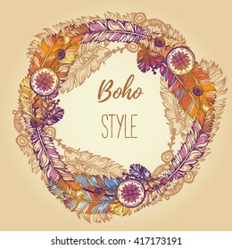 Hand drawn wreath with painted feathers, arrows and beads. Wreath border. Ethnic frame. Boho Colorful vector Illustration. Summer t-shirt design
