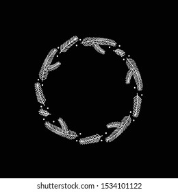 Hand drawn wreath of pine branches. Merry Christmas greeting card. Black and white. Stencil template. Vector illustration.