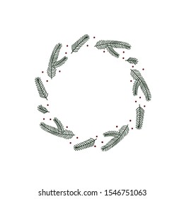 Hand drawn wreath of pine branches isolated on white background. Merry Christmas greeting card. Vector illustration.