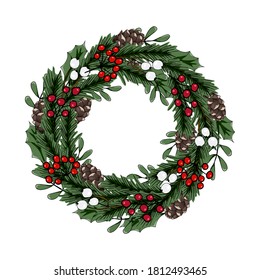 Hand drawn wreath with red berries and fir branches. Round frame for Christmas cards and winter design. Vector layout.