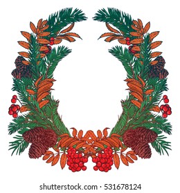 Hand drawn wreath with red berries and fir branches. Round frame for Christmas cards and winter design. Vector christmas card template with copyspace. EPS10 vector illustration