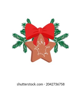 Corona de flores dibujada a mano con arco rojo y pan de jengibre. Para tarjetas de Navidad y diseño de invierno.