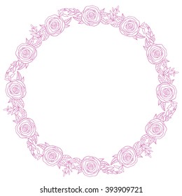 Hand drawn wreath with rose flowers leaf and branches. Round frame for cards and invitations to any festive event